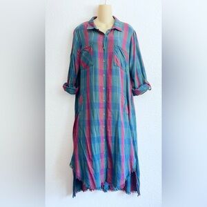 Billy T Plaid 2-Way Green Teal Red Long Button-Up Shirt Midi Dress XL Raw Hem